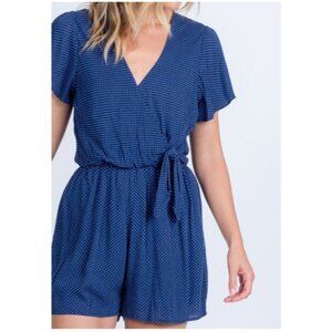 Everly Navy blue polka dot Golden Days Surplice V-neck side knot Romper size L